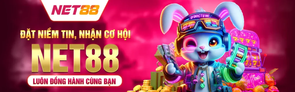 Đặt niềm tin, nhận cơ hội từ Net88 - luôn đồng hành cùng bạn. Hình ảnh chú thỏ bên cạnh máy đánh bạc với sắc hồng nổi bật.